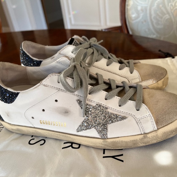 Golden Goose SuperStar sneakers- silver star and glittery navy heel tab Sz 8(38) - Picture 2 of 11